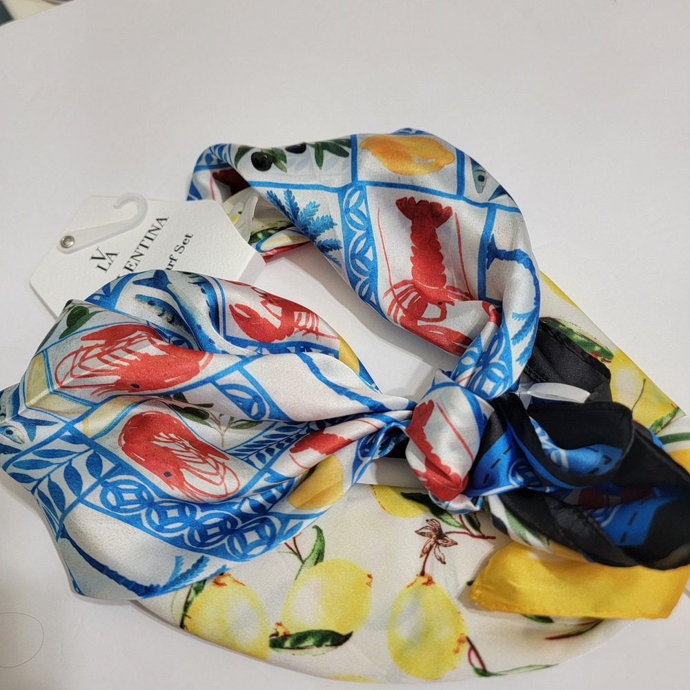 La Valentina 2 Piece Scarf Set Lemon Lobster Mediterranean Print Satin Feel NEW